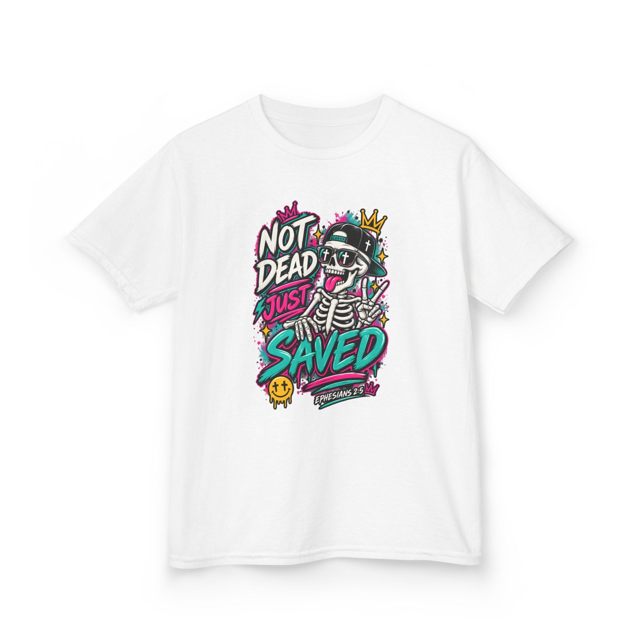 “Not Dead Just Saved” Colorful Skeleton Graphic Kids T-shirt