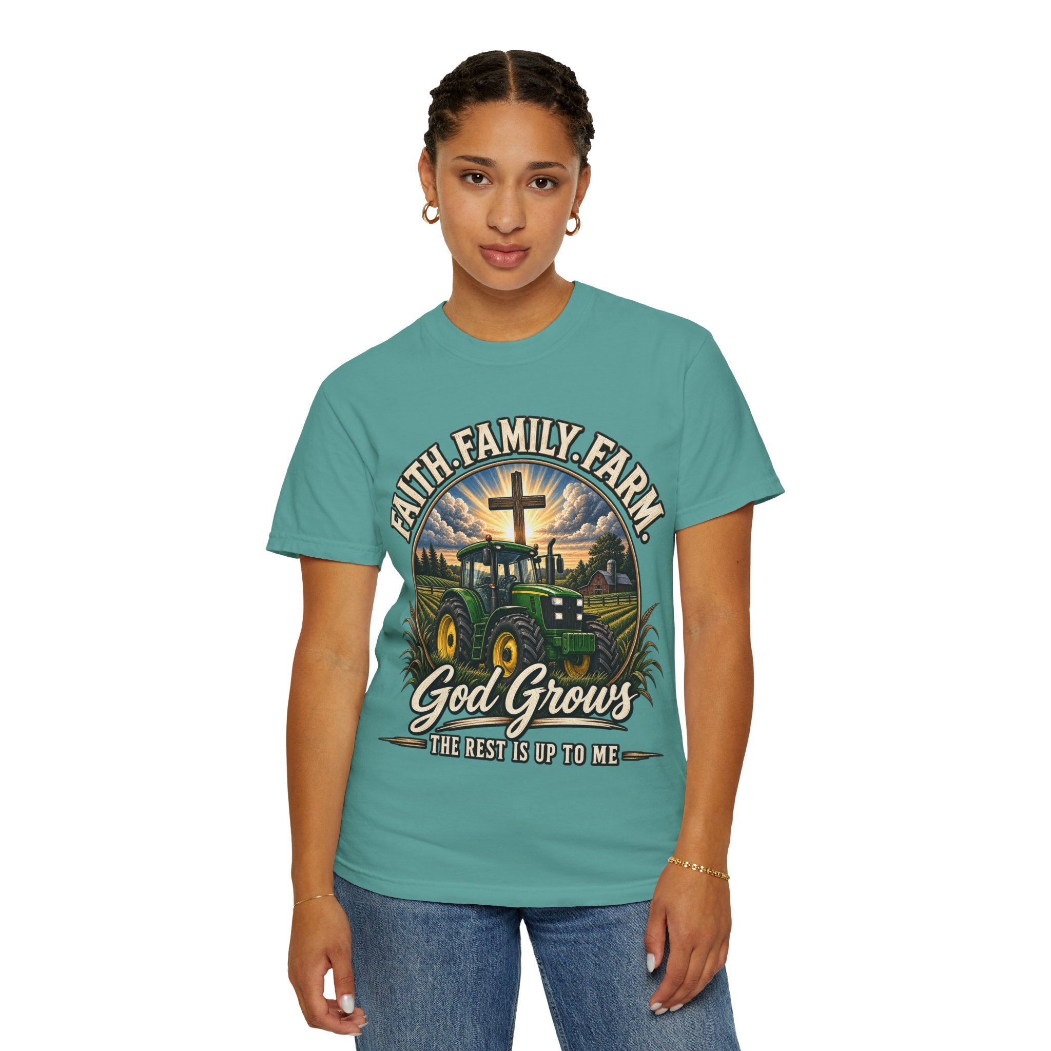 Faith Family Farm T-Shirt — “God Grows” Tractor Christian Tee