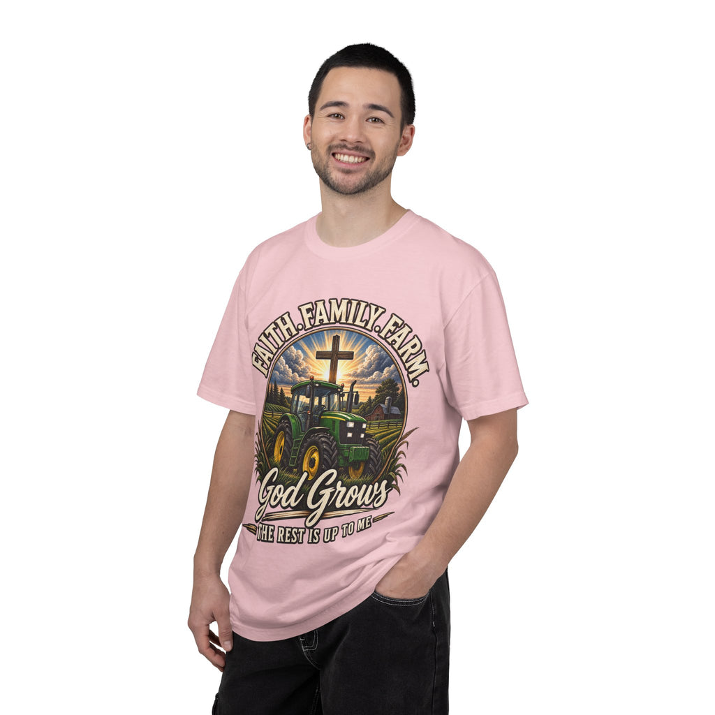Faith Family Farm T-Shirt — “God Grows” Tractor Christian Tee