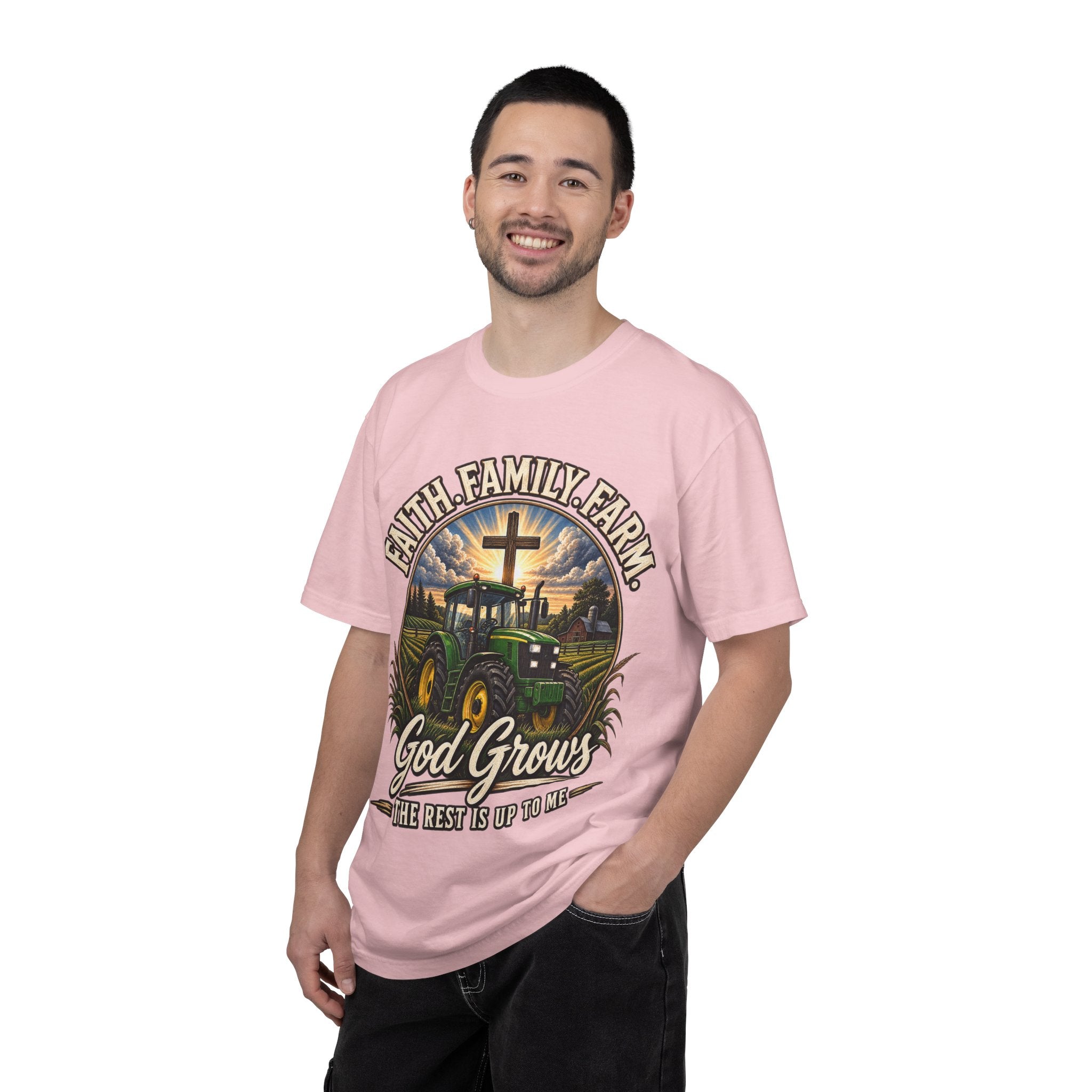 Faith Family Farm T-Shirt — “God Grows” Tractor Christian Tee