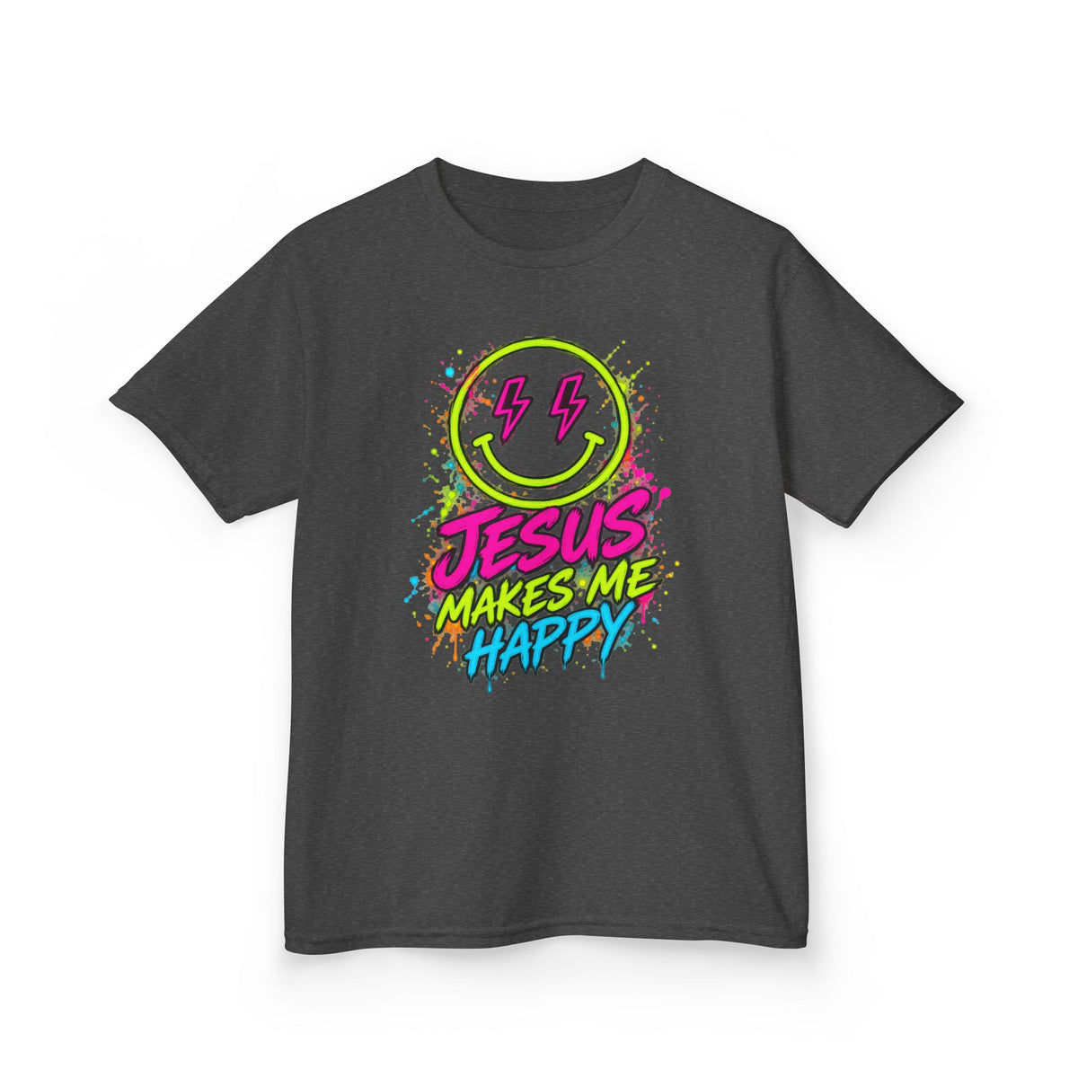 Jesus Makes Me Happy Neon Smiley Kids T-shirt