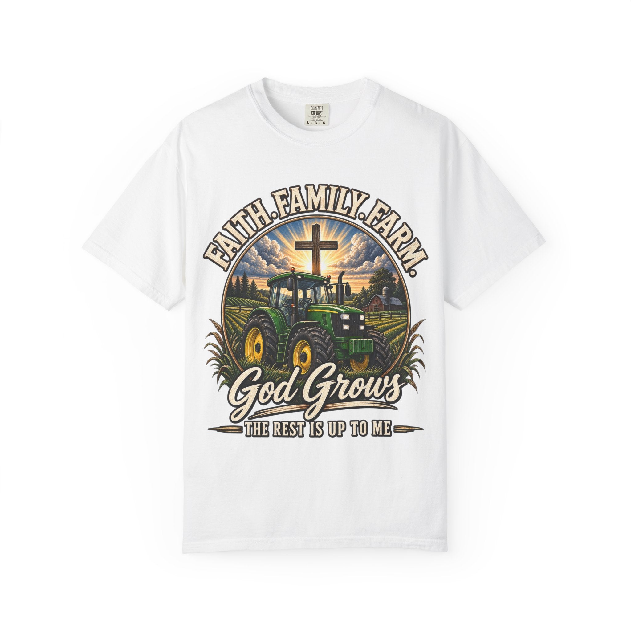 Faith Family Farm T-Shirt — “God Grows” Tractor Christian Tee