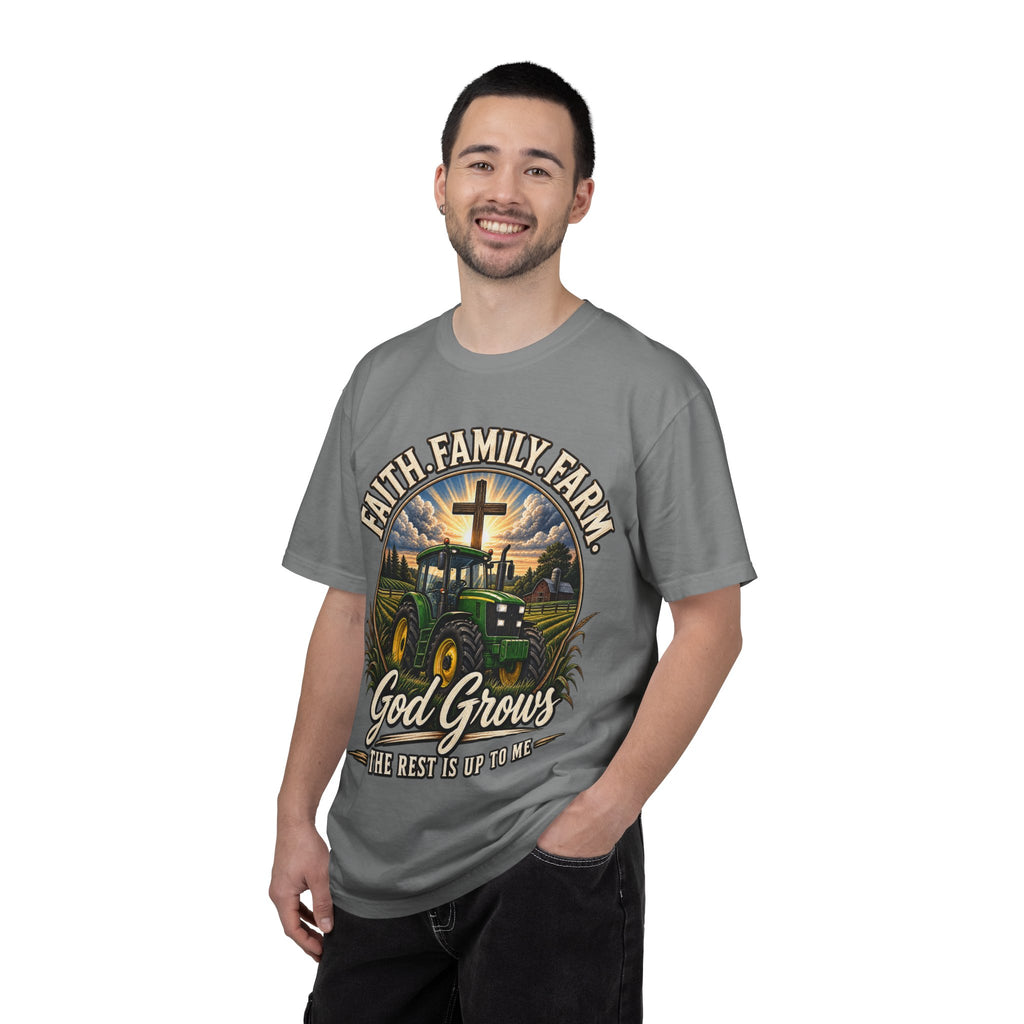 Faith Family Farm T-Shirt — “God Grows” Tractor Christian Tee
