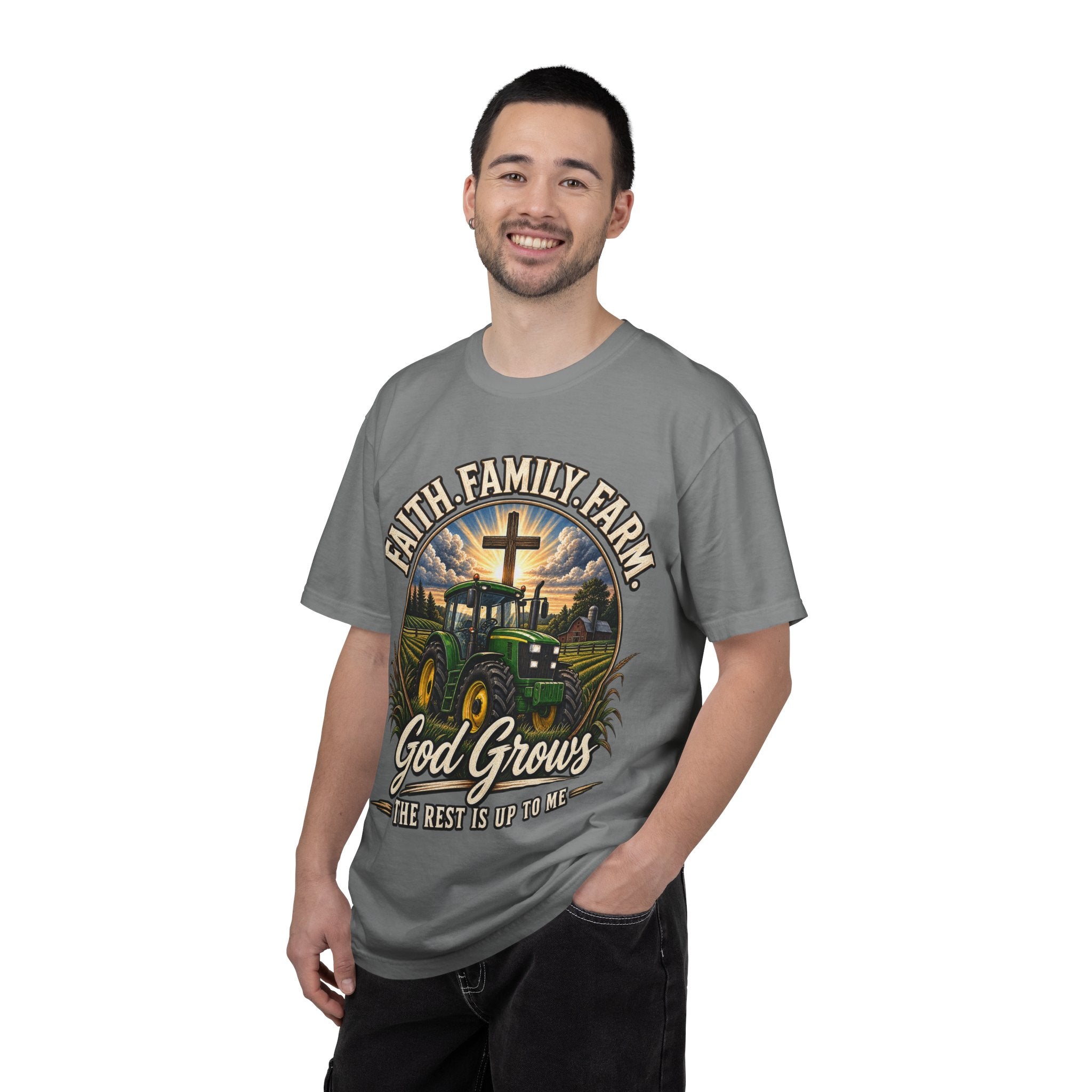 Faith Family Farm T-Shirt — “God Grows” Tractor Christian Tee