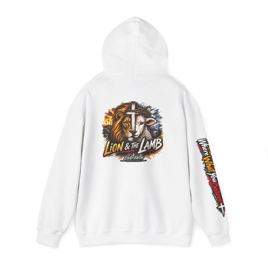 "Lion & The Lamb" Graphic Hoodie — Adult Unisex Christian Faith Sweatshirt with Sleeve Script