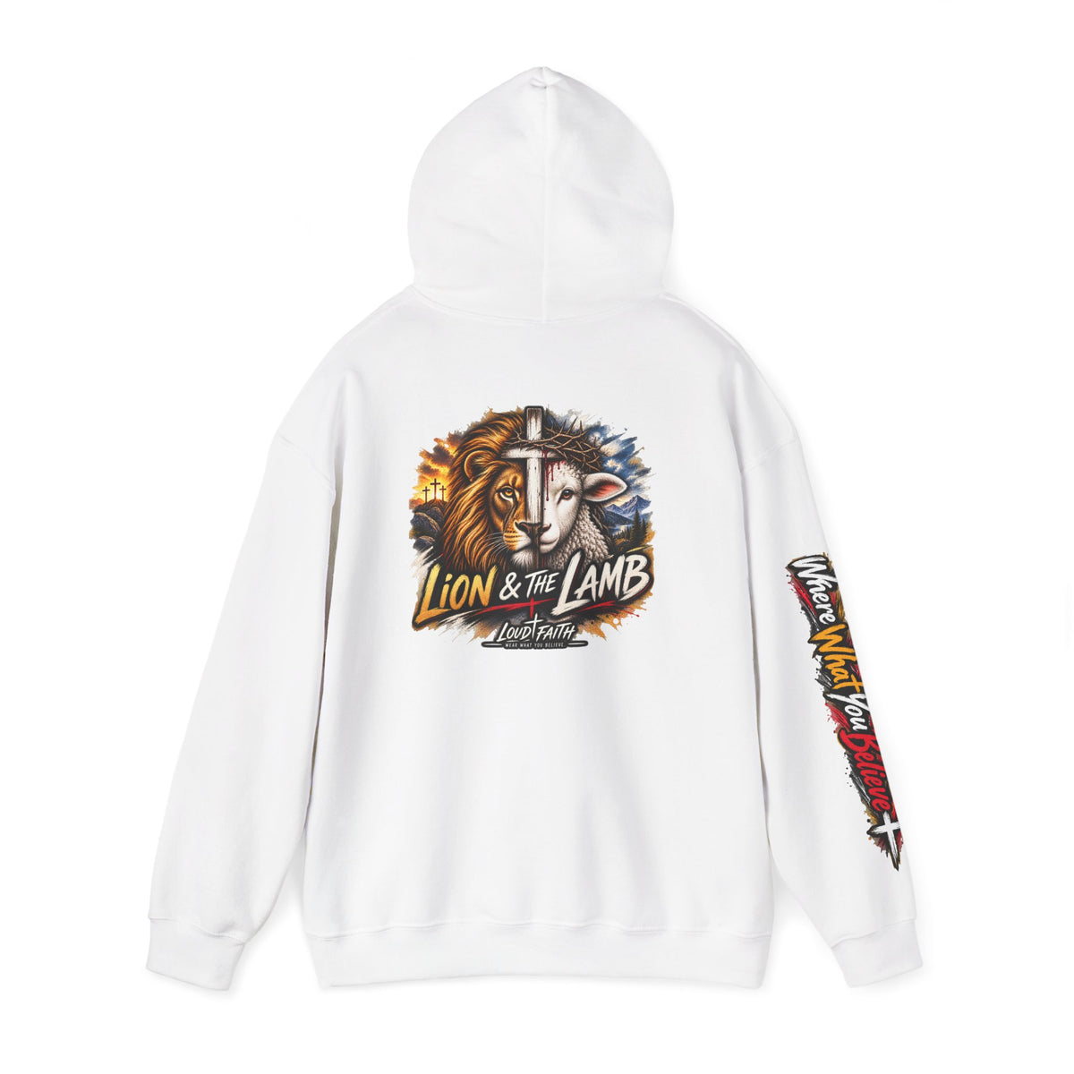 "Lion & The Lamb" Graphic Hoodie — Adult Unisex Christian Faith Sweatshirt with Sleeve Script