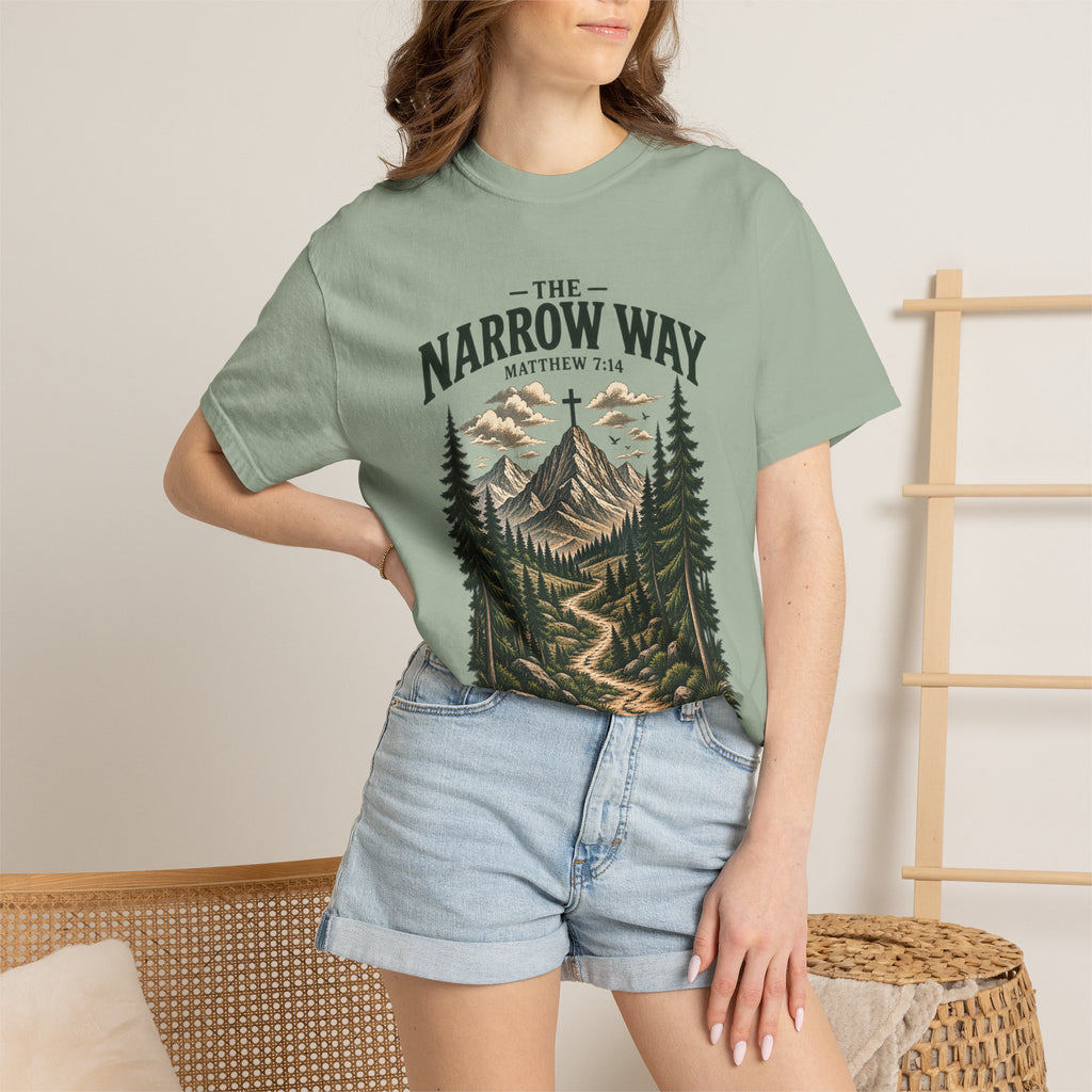 The Narrow Way T-Shirt — Mountain Trail Christian Tee (Matthew 7:14)