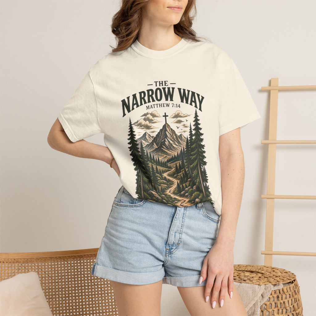 The Narrow Way T-Shirt — Mountain Trail Christian Tee (Matthew 7:14)