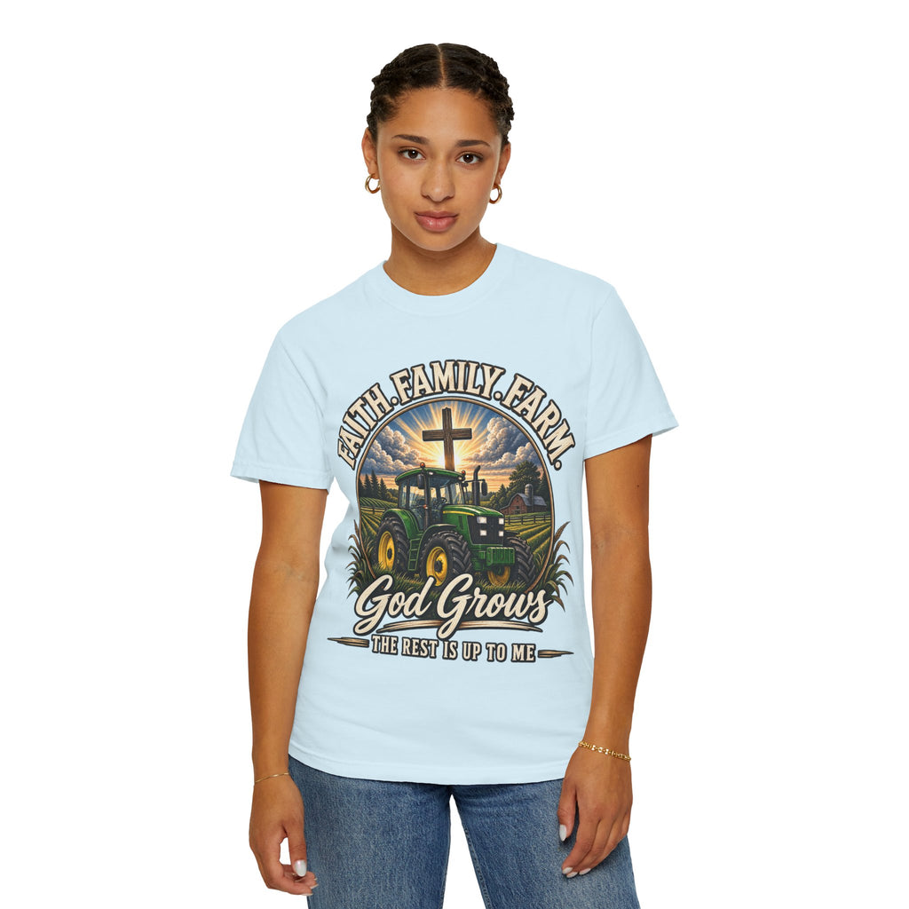 Faith Family Farm T-Shirt — “God Grows” Tractor Christian Tee