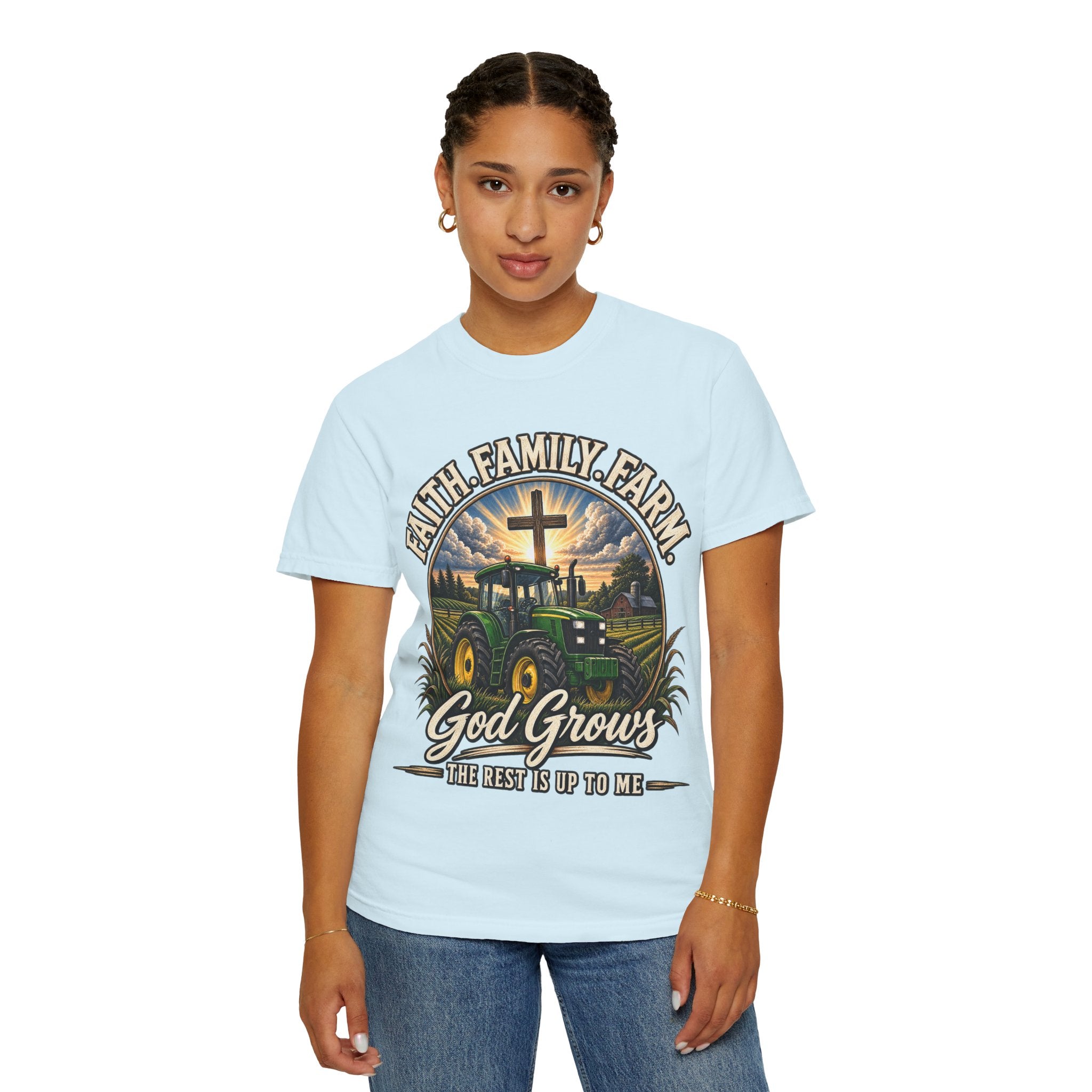 Faith Family Farm T-Shirt — “God Grows” Tractor Christian Tee
