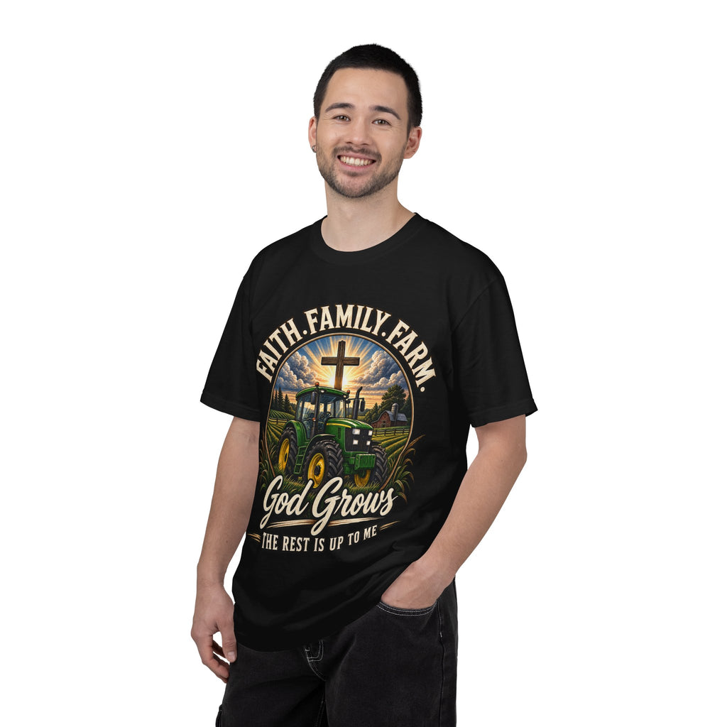 Faith Family Farm T-Shirt — “God Grows” Tractor Christian Tee
