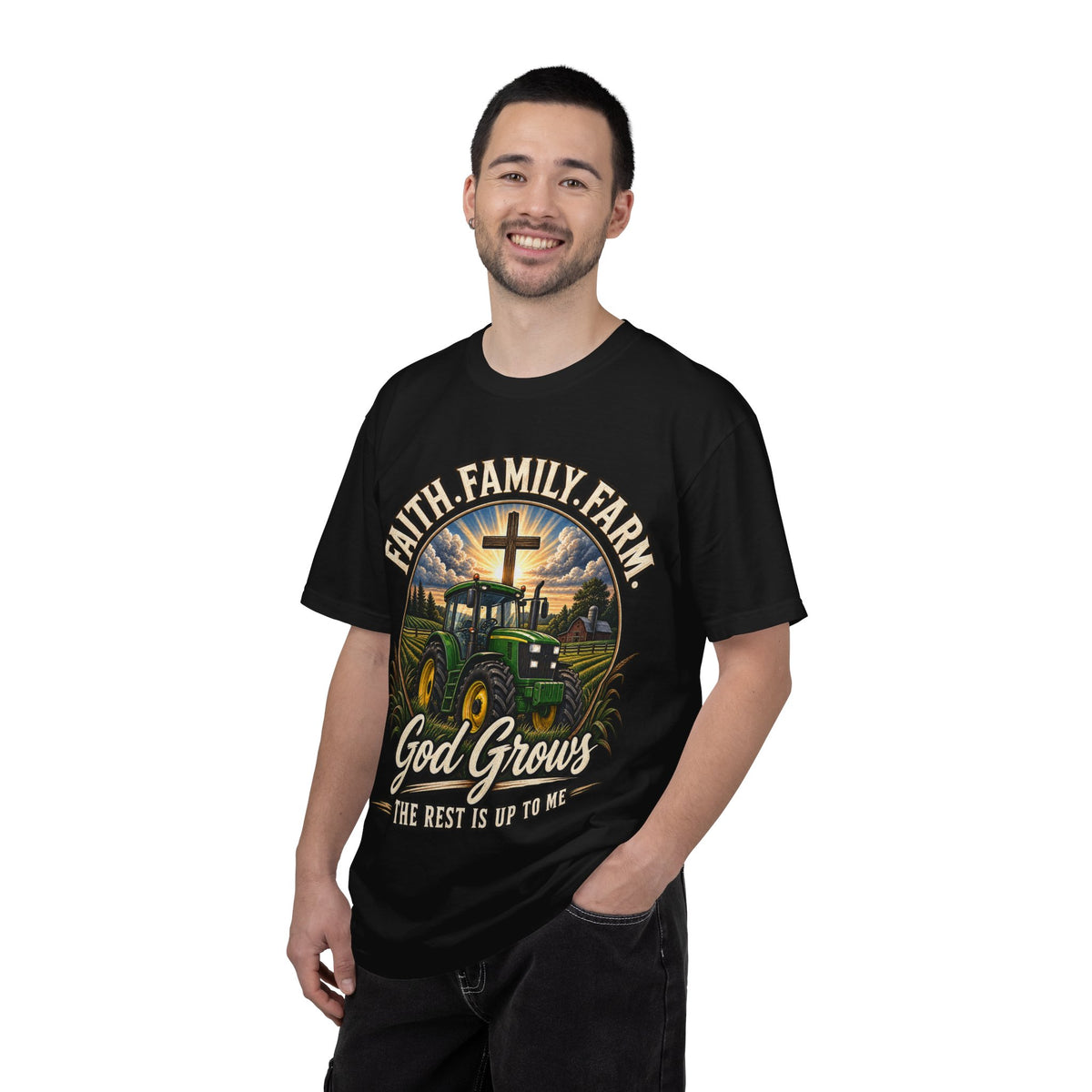Faith Family Farm T-Shirt — “God Grows” Tractor Christian Tee