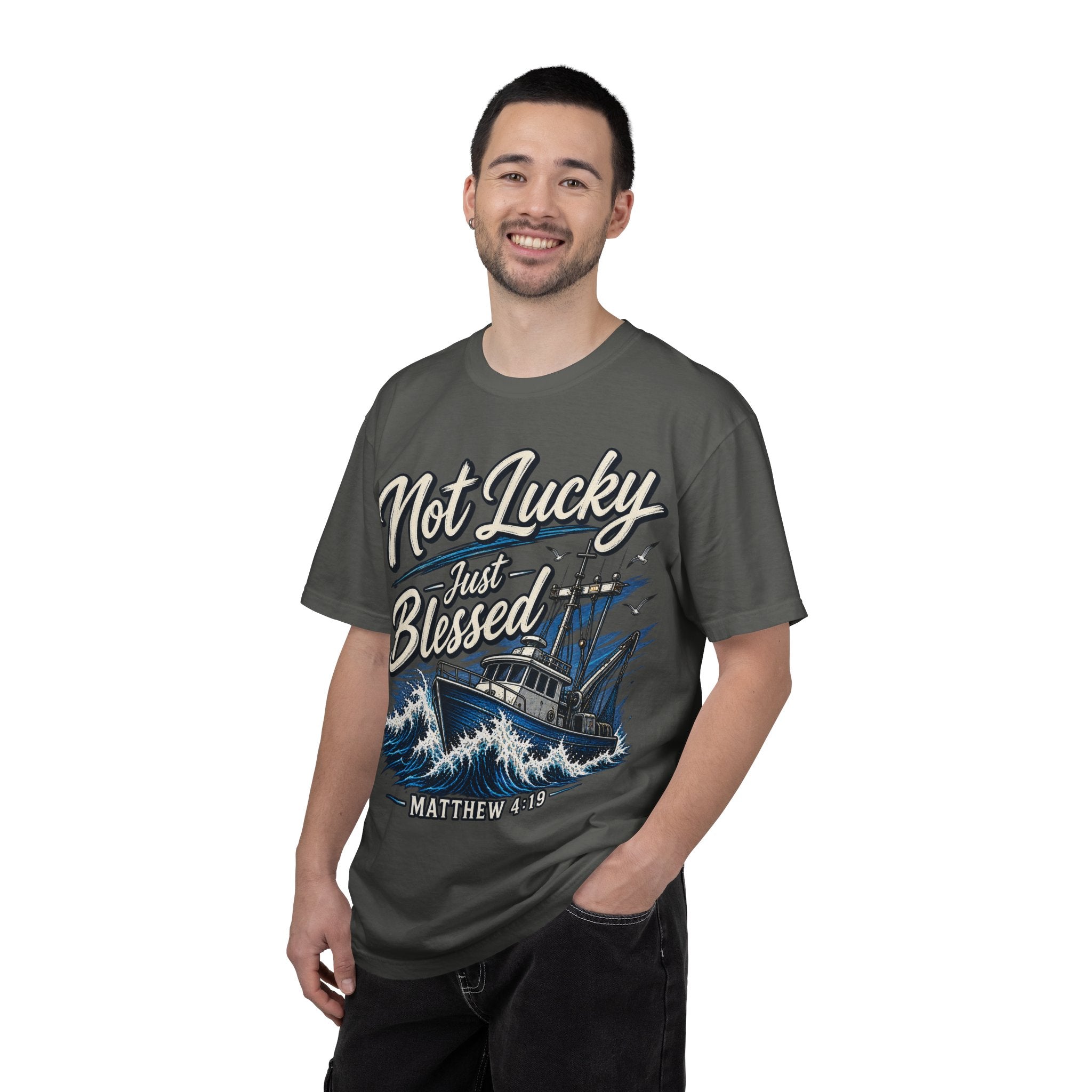 "Not Lucky Just Blessed" Fishing Boat Graphic (Matthew 4:19)