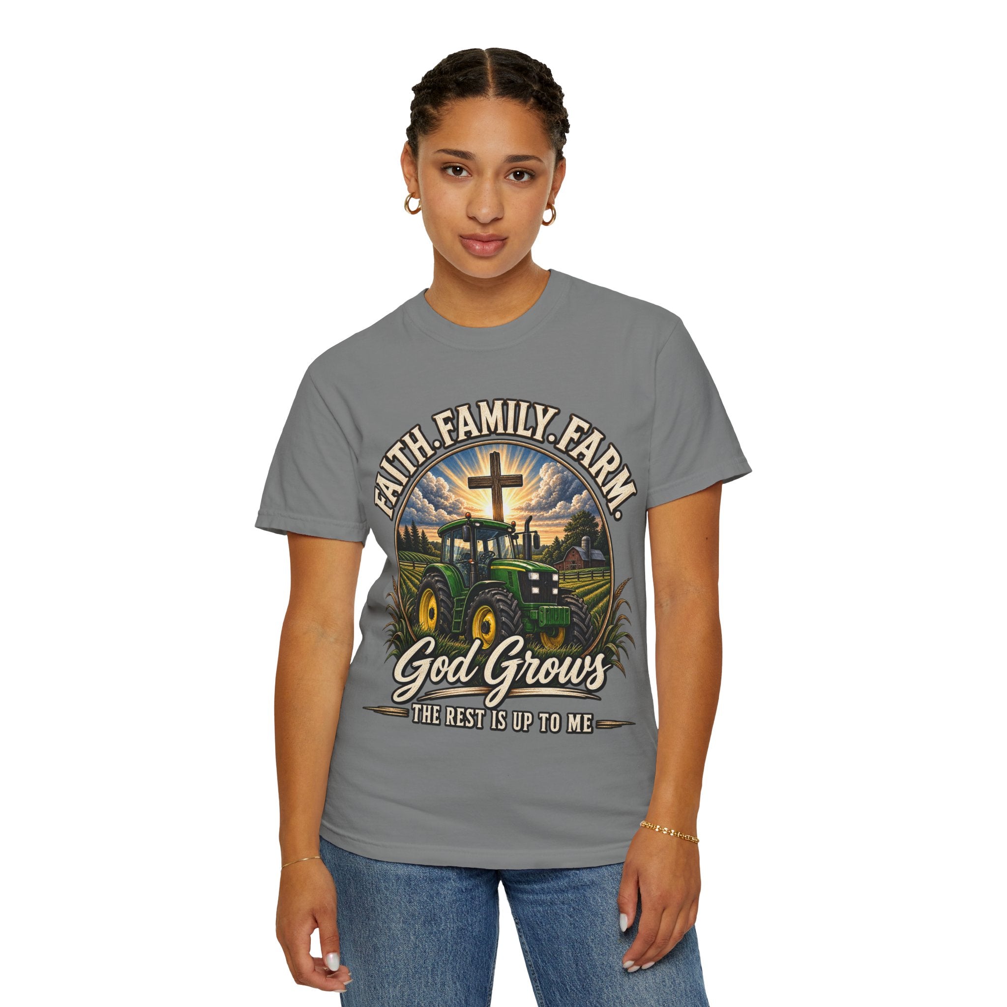 Faith Family Farm T-Shirt — “God Grows” Tractor Christian Tee