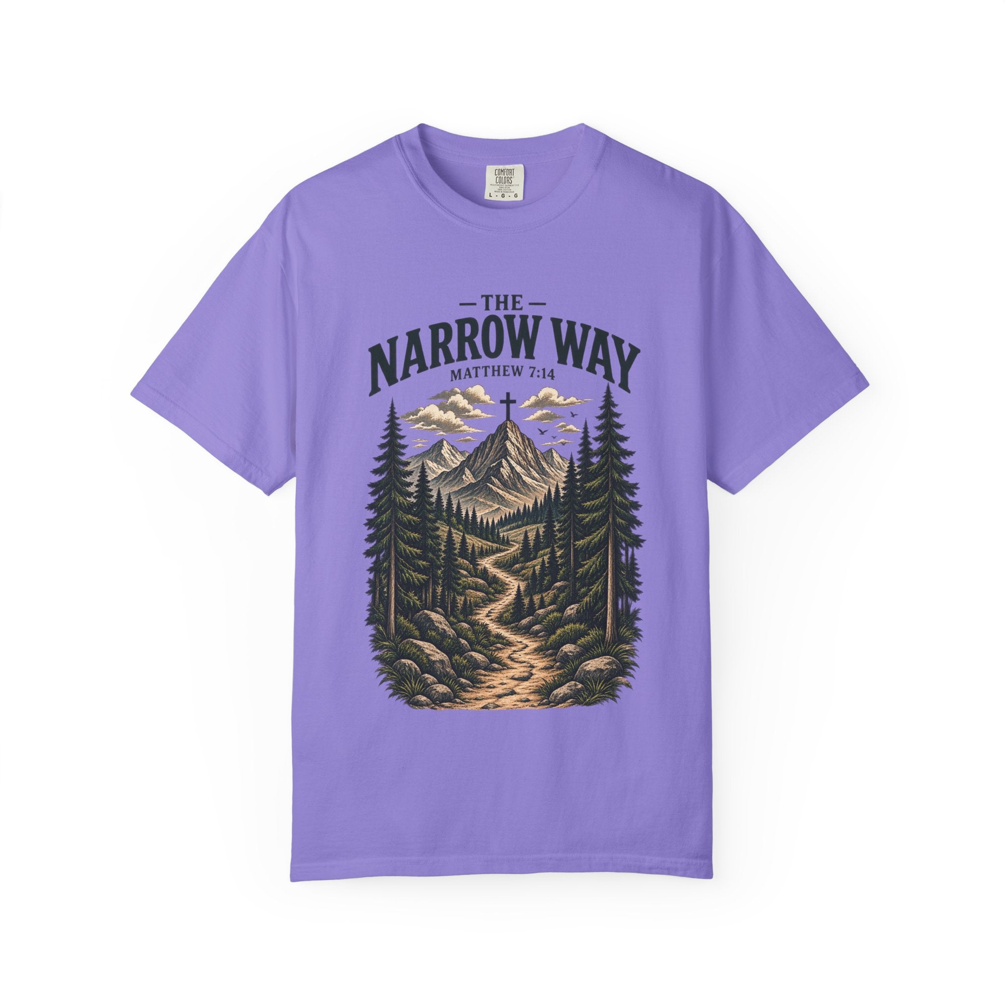 The Narrow Way T-Shirt — Mountain Trail Christian Tee (Matthew 7:14)