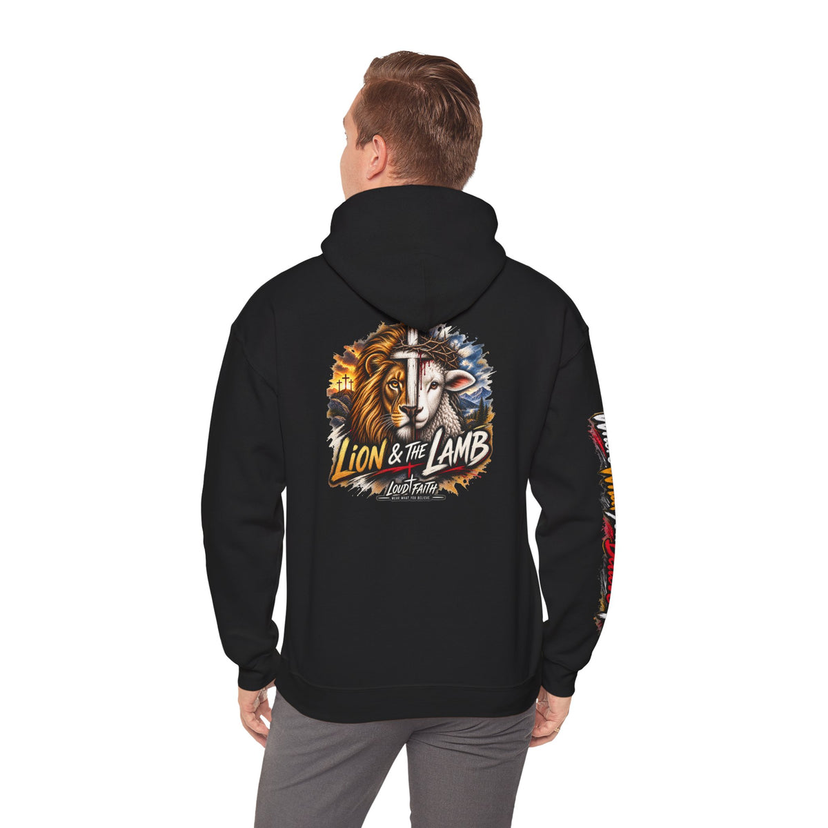 "Lion & The Lamb" Graphic Hoodie — Adult Unisex Christian Faith Sweatshirt with Sleeve Script