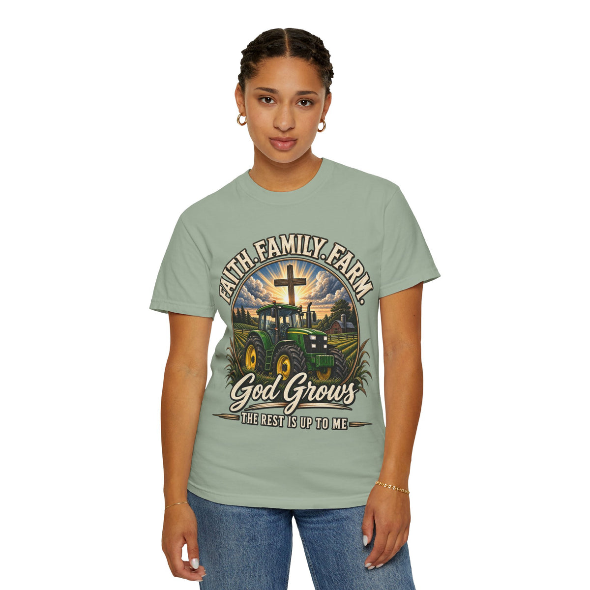 Faith Family Farm T-Shirt — “God Grows” Tractor Christian Tee
