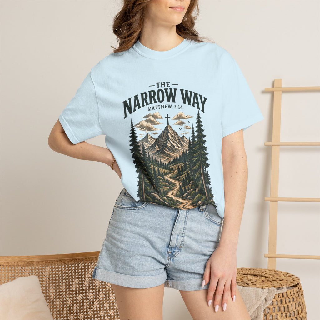 The Narrow Way T-Shirt — Mountain Trail Christian Tee (Matthew 7:14)