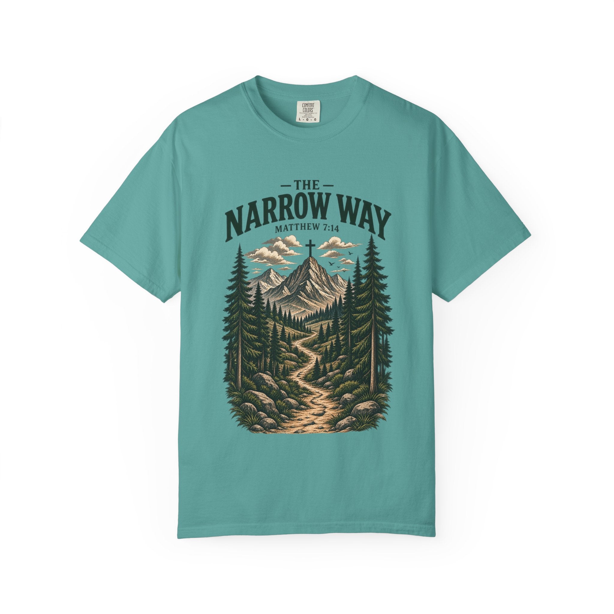 The Narrow Way T-Shirt — Mountain Trail Christian Tee (Matthew 7:14)