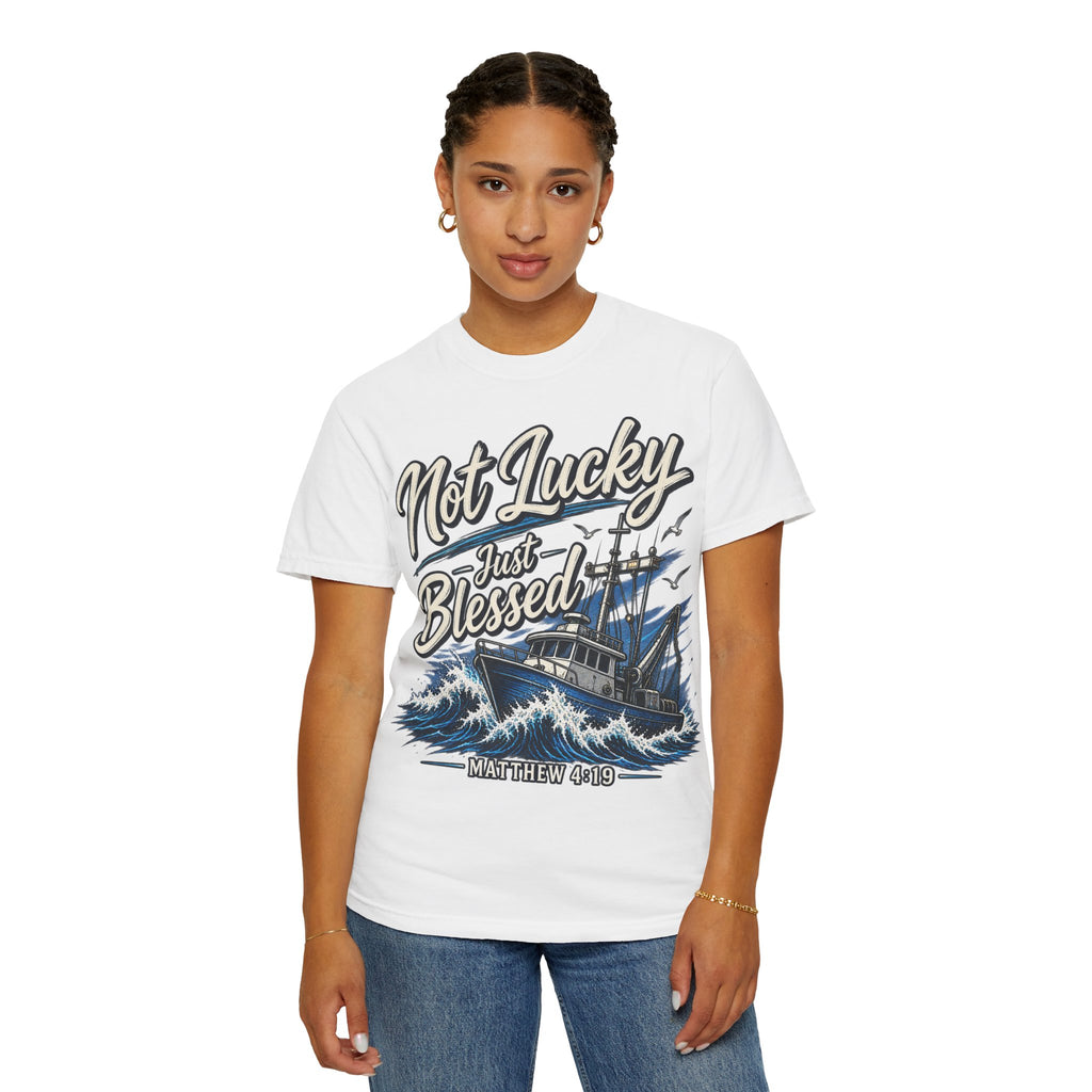 "Not Lucky Just Blessed" Fishing Boat Graphic (Matthew 4:19)