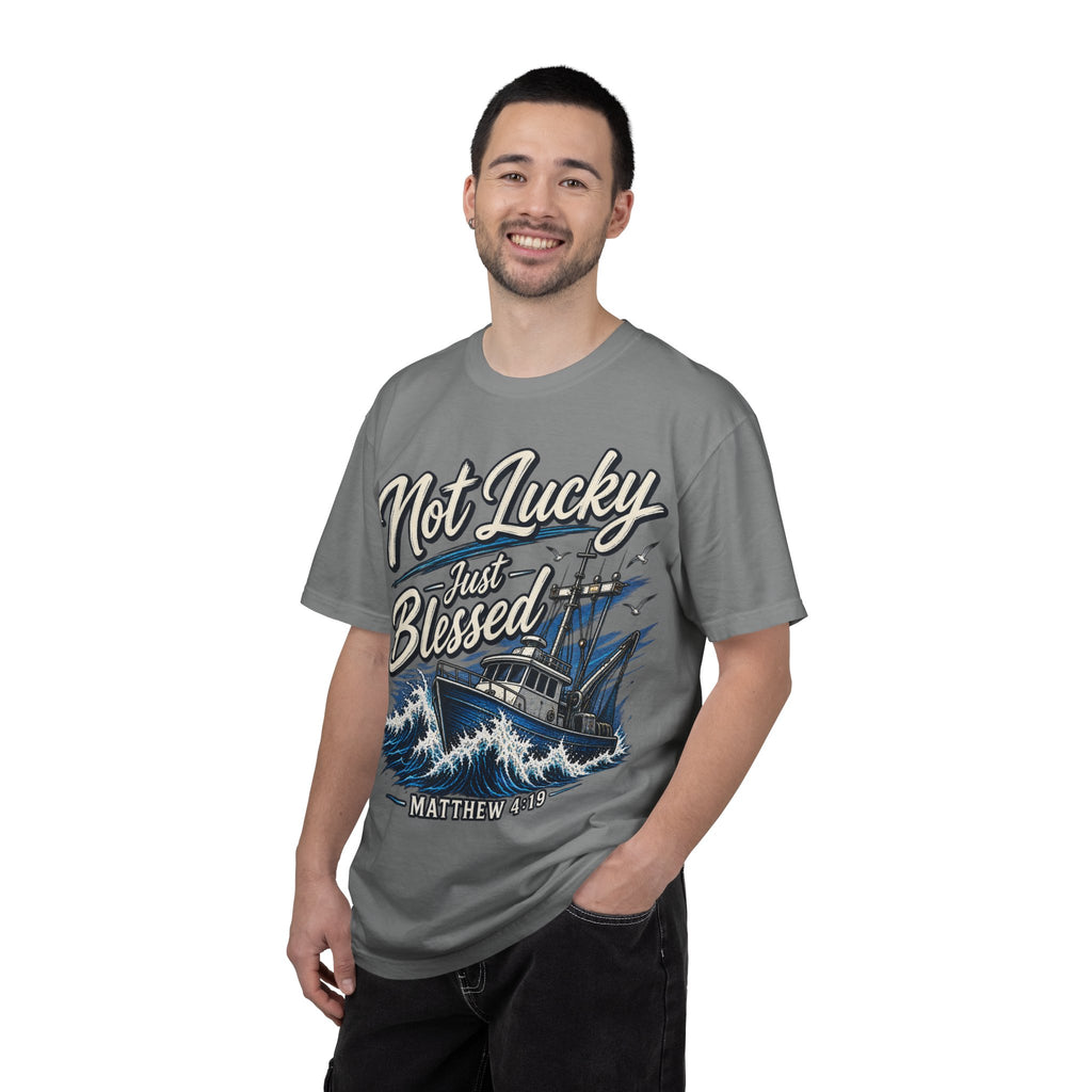 "Not Lucky Just Blessed" Fishing Boat Graphic (Matthew 4:19)