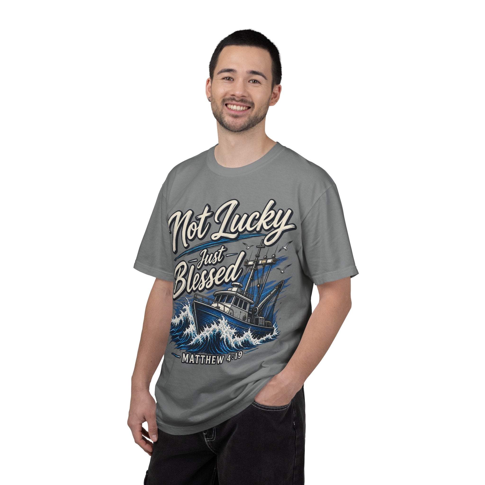 "Not Lucky Just Blessed" Fishing Boat Graphic (Matthew 4:19)