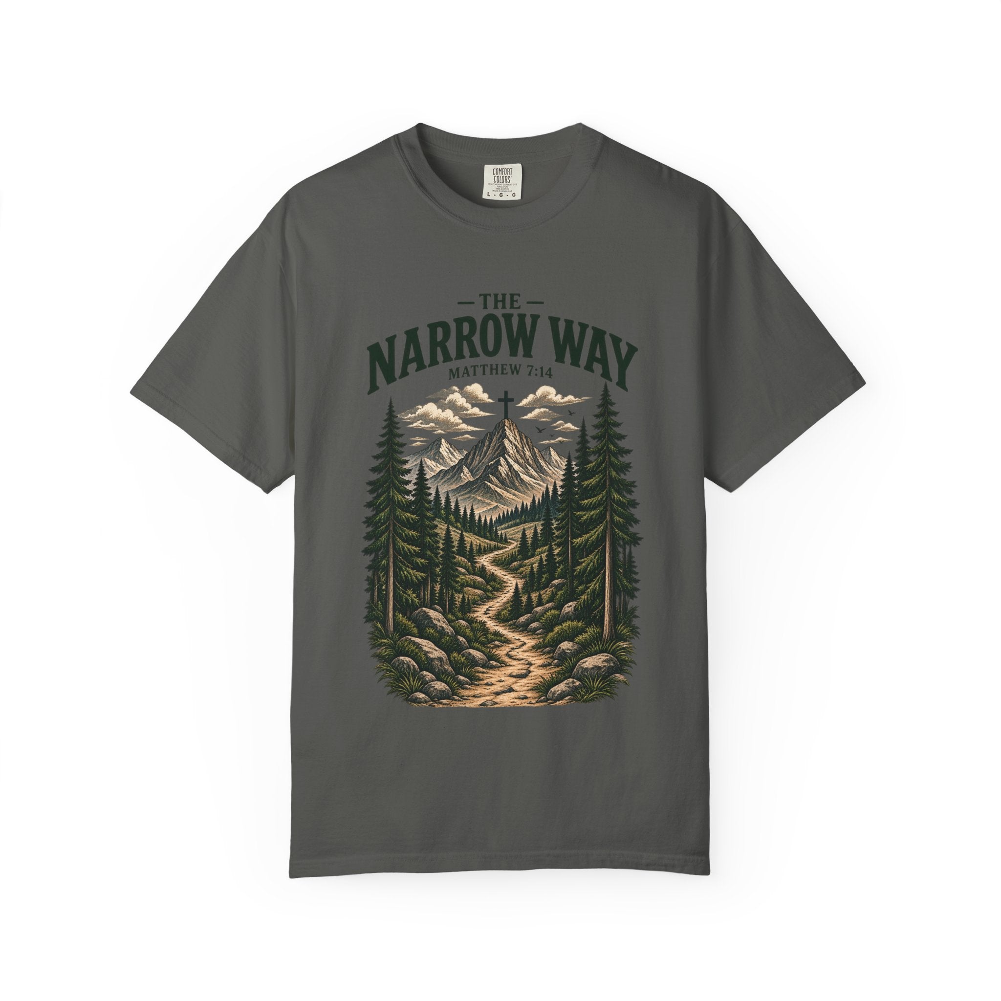 The Narrow Way T-Shirt — Mountain Trail Christian Tee (Matthew 7:14)