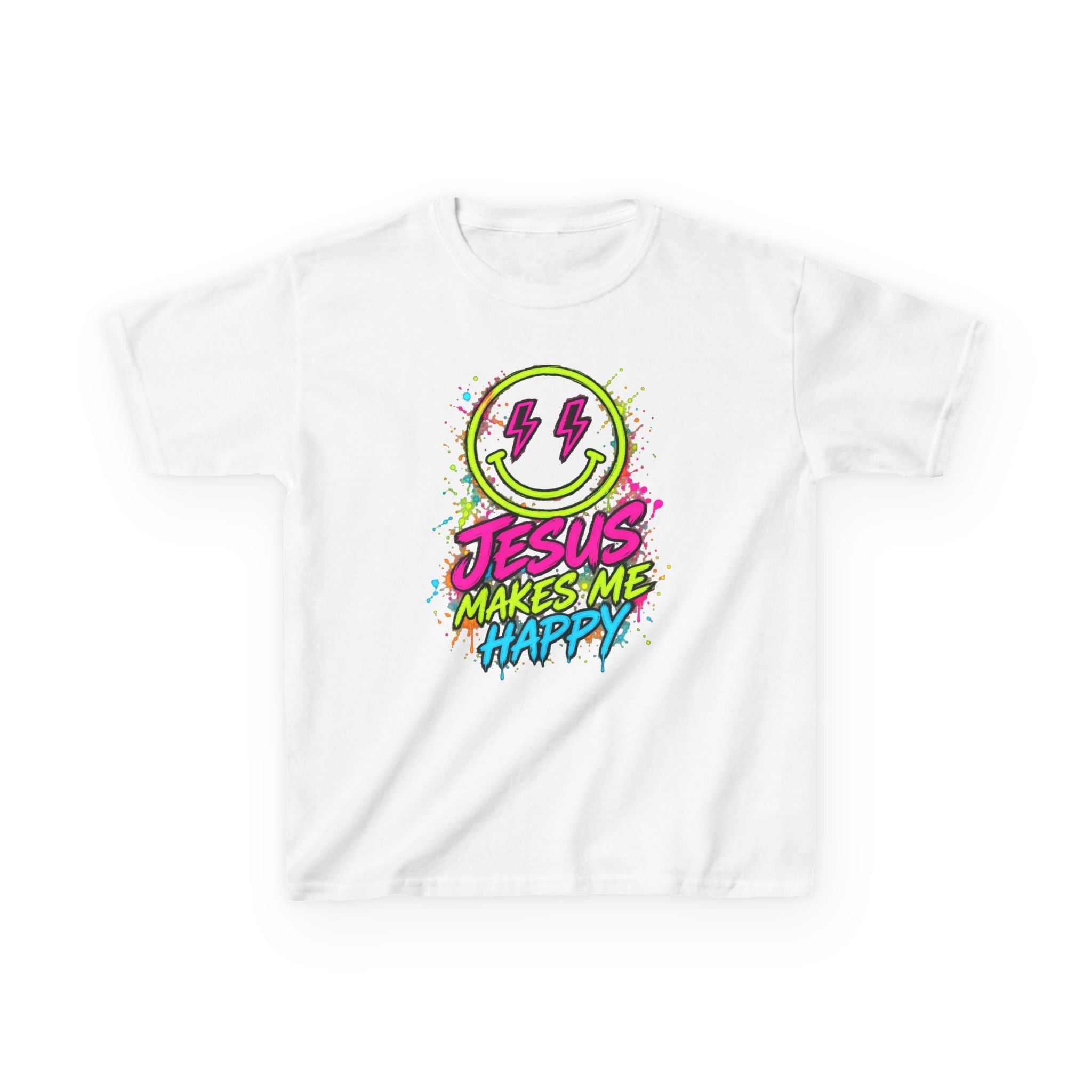 Jesus Makes Me Happy Neon Smiley Kids T-shirt