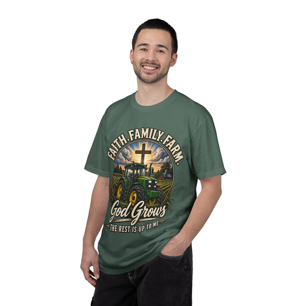 Faith Family Farm T-Shirt — “God Grows” Tractor Christian Tee