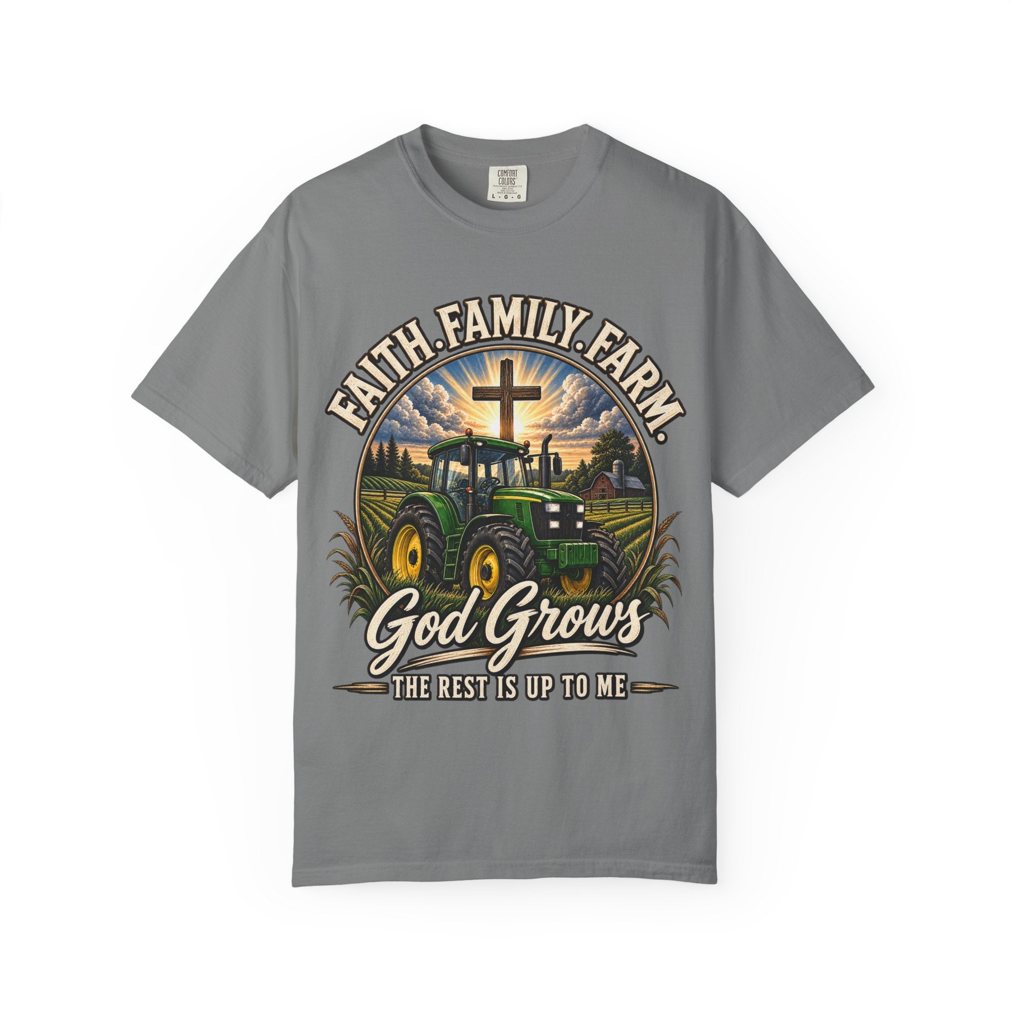 Faith Family Farm T-Shirt — “God Grows” Tractor Christian Tee