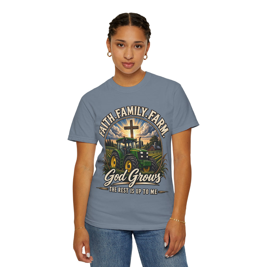 Faith Family Farm T-Shirt — “God Grows” Tractor Christian Tee