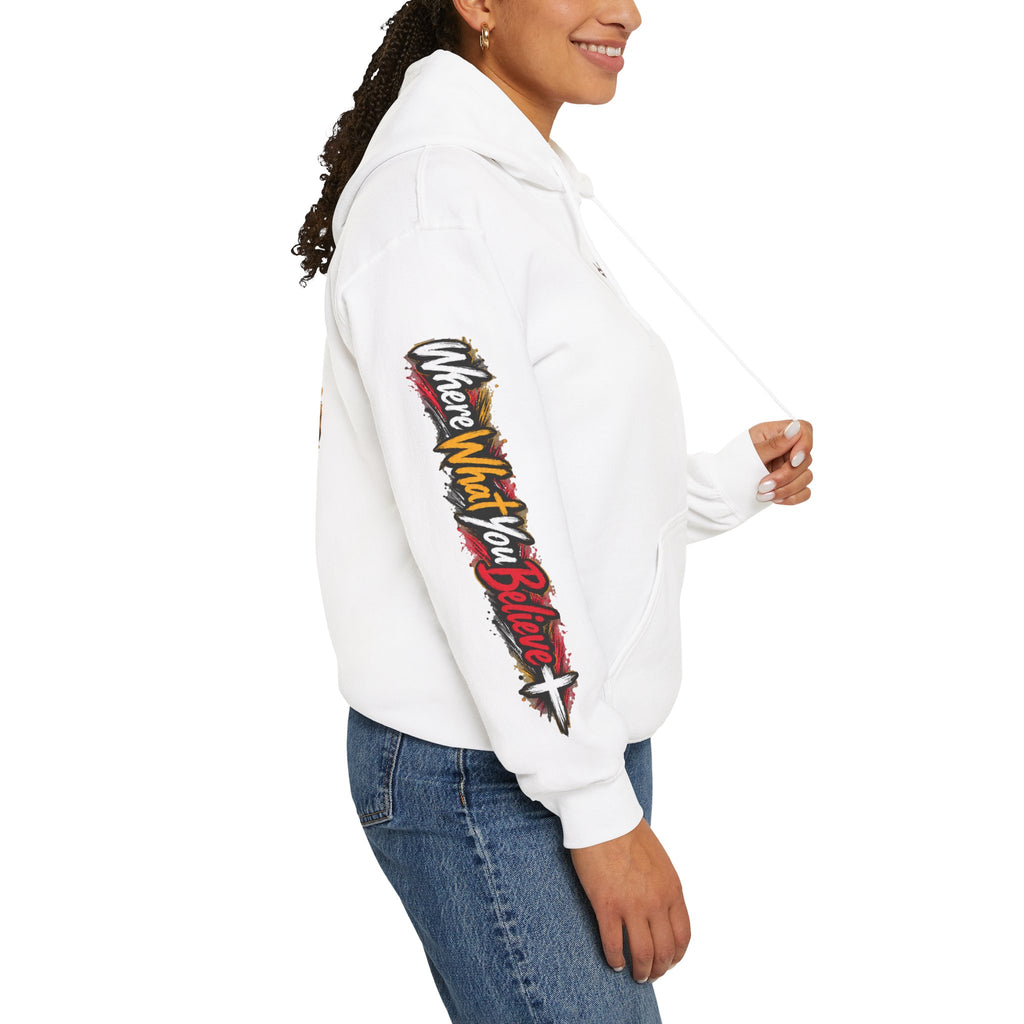 "Lion & The Lamb" Graphic Hoodie — Adult Unisex Christian Faith Sweatshirt with Sleeve Script