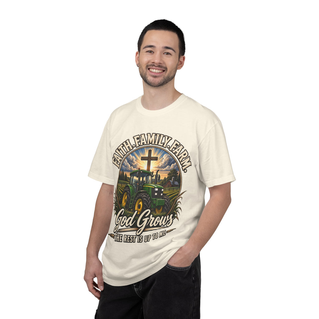 Faith Family Farm T-Shirt — “God Grows” Tractor Christian Tee