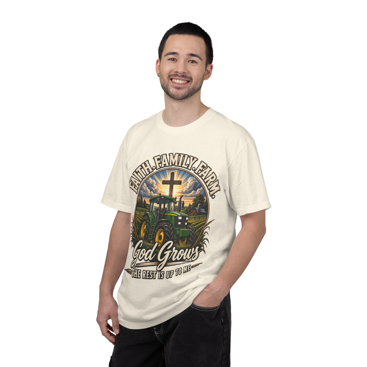 Faith Family Farm T-Shirt — “God Grows” Tractor Christian Tee