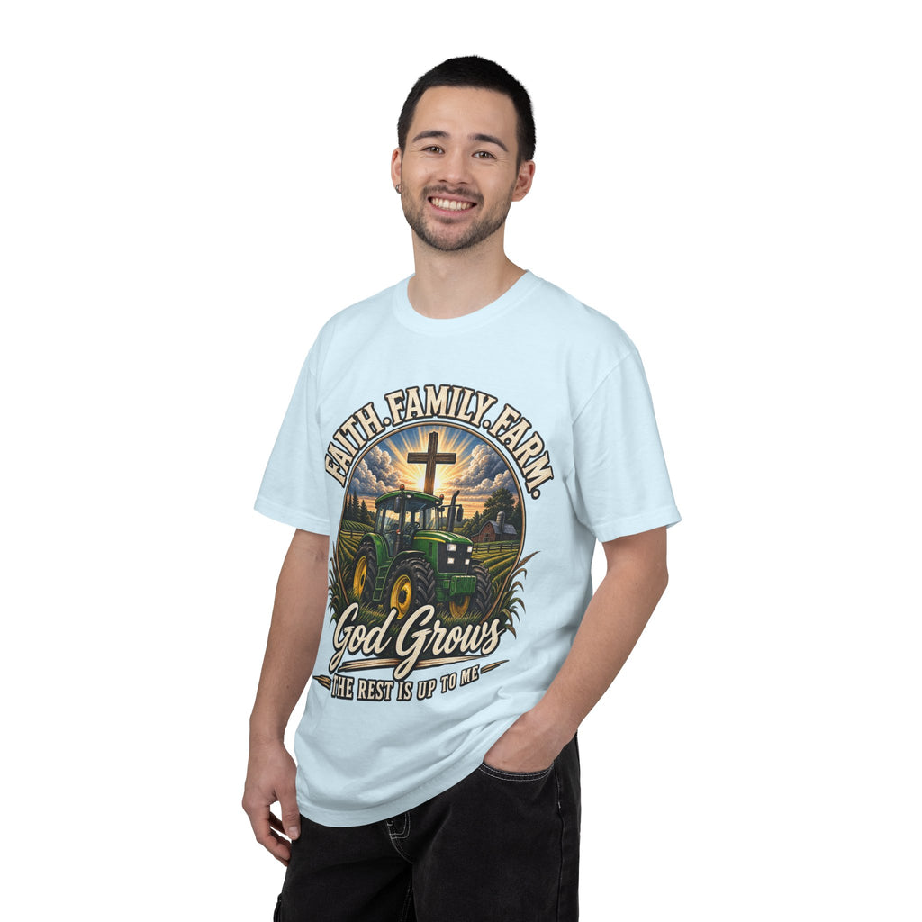 Faith Family Farm T-Shirt — “God Grows” Tractor Christian Tee