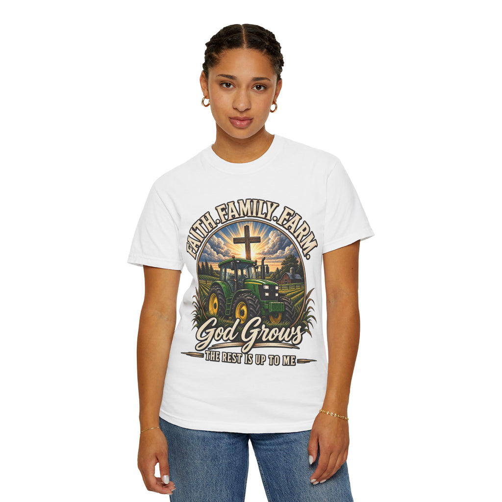 Faith Family Farm T-Shirt — “God Grows” Tractor Christian Tee