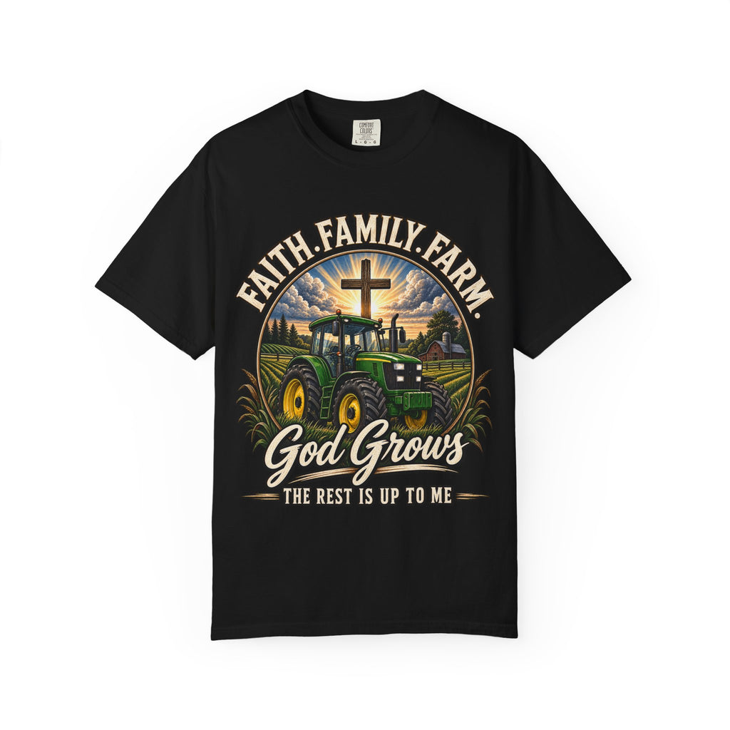 Faith Family Farm T-Shirt — “God Grows” Tractor Christian Tee