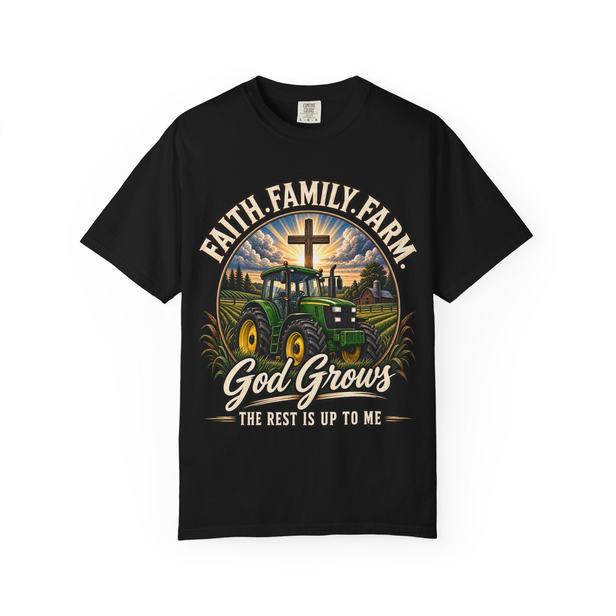 Faith Family Farm T-Shirt — “God Grows” Tractor Christian Tee