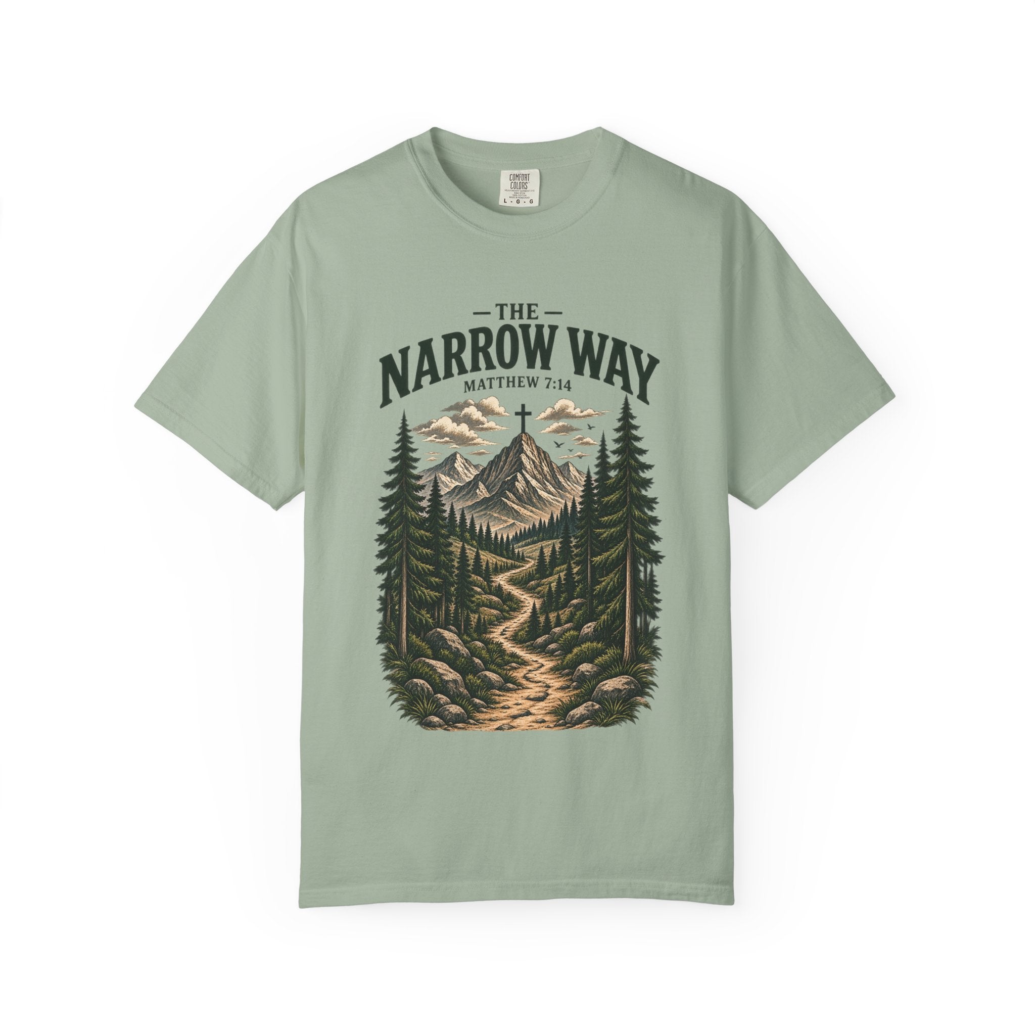 The Narrow Way T-Shirt — Mountain Trail Christian Tee (Matthew 7:14)