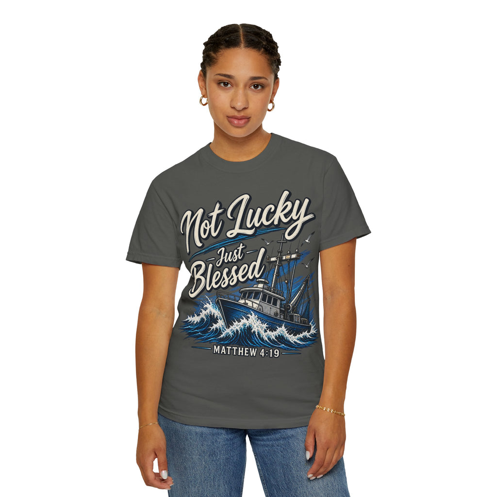 "Not Lucky Just Blessed" Fishing Boat Graphic (Matthew 4:19)