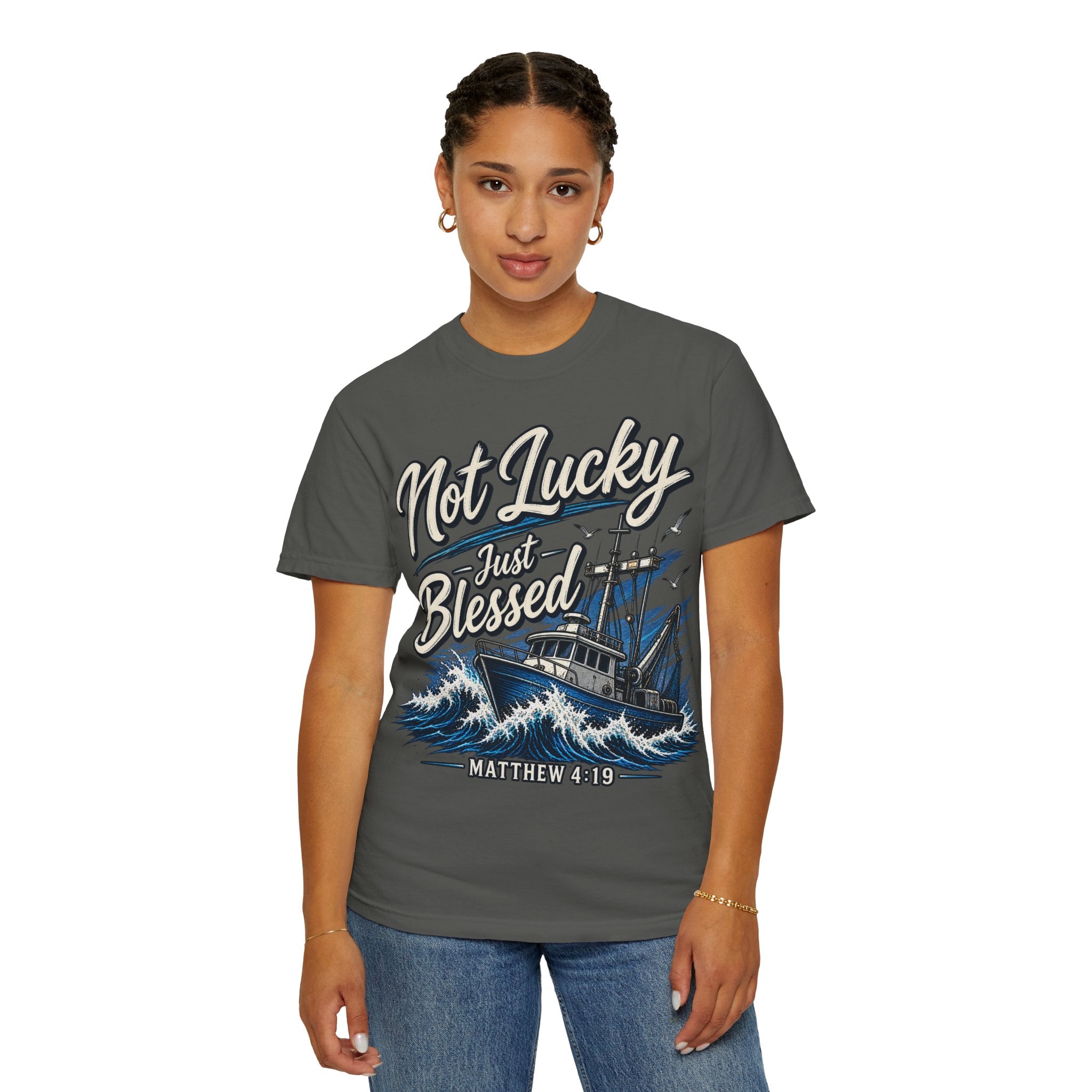 "Not Lucky Just Blessed" Fishing Boat Graphic (Matthew 4:19)