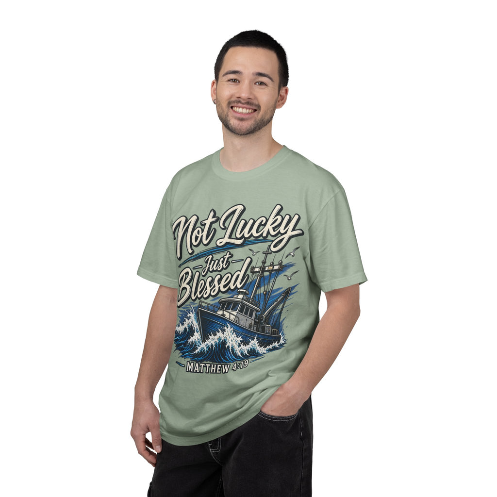 "Not Lucky Just Blessed" Fishing Boat Graphic (Matthew 4:19)