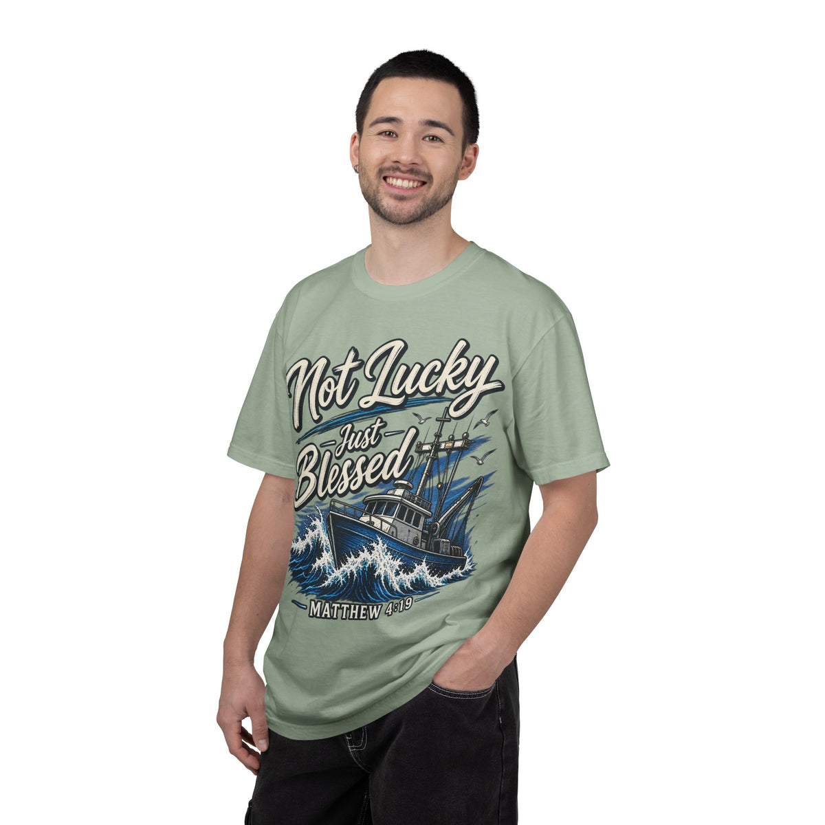 "Not Lucky Just Blessed" Fishing Boat Graphic (Matthew 4:19)